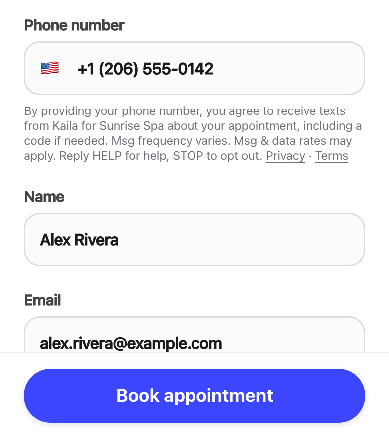 Part of a Kaila booking page: the phone number field, the text consent line under it with Privacy and Terms links, and the Book appointment button.