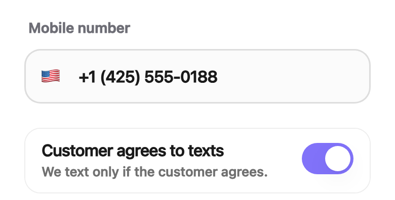 The same part of the sheet after the customer said yes: the switch Customer agrees to texts, on.
